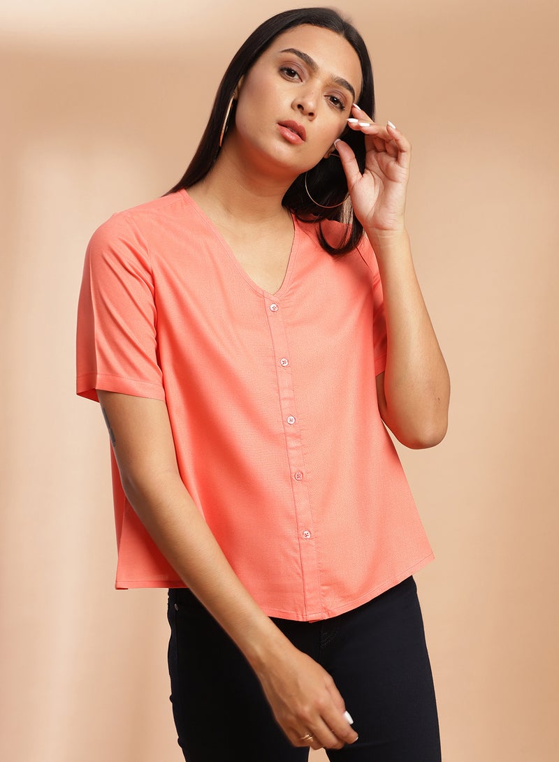 Aila V-Neck Casual Top Coral  - Image 1