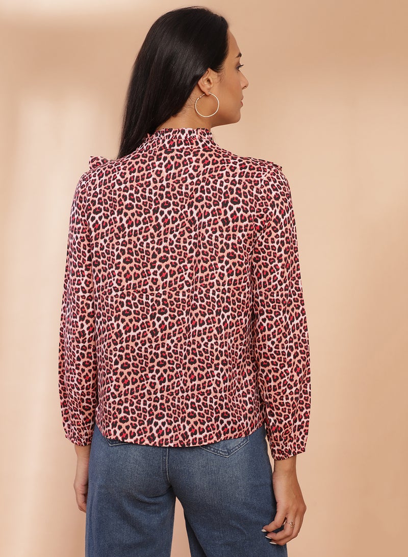 Aila - Animal Printed Long Sleeve Top Red/Black - Image 1