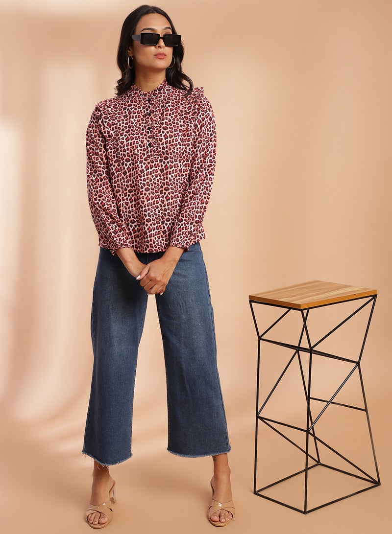Aila - Animal Printed Long Sleeve Top Red/Black - Image 1