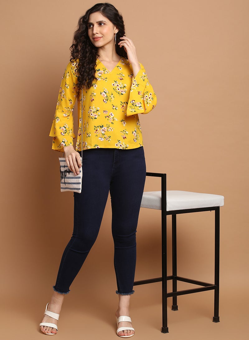 Aila - Floral Printed V-Neck Top Yellow/White/Green - Image 1