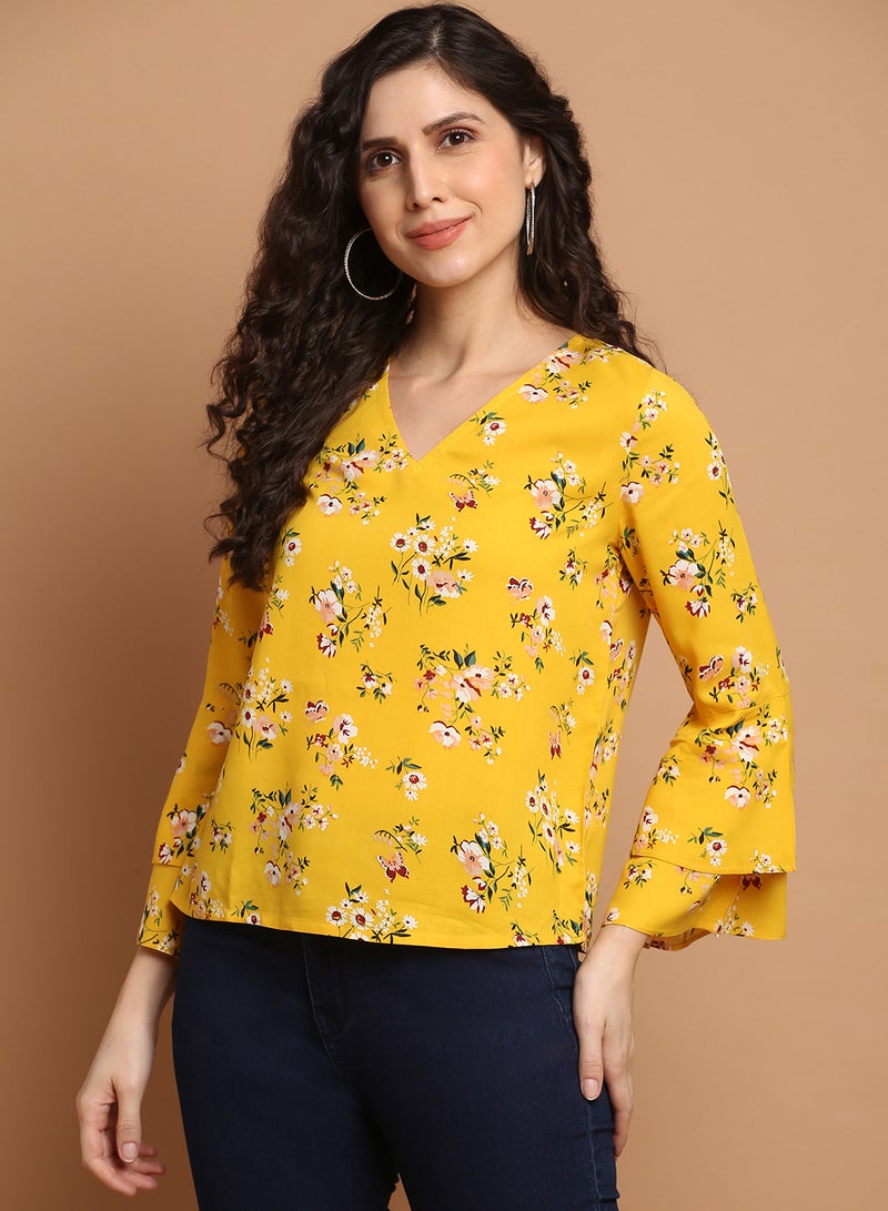 Aila - Floral Printed V-Neck Top Yellow/White/Green - Image 1