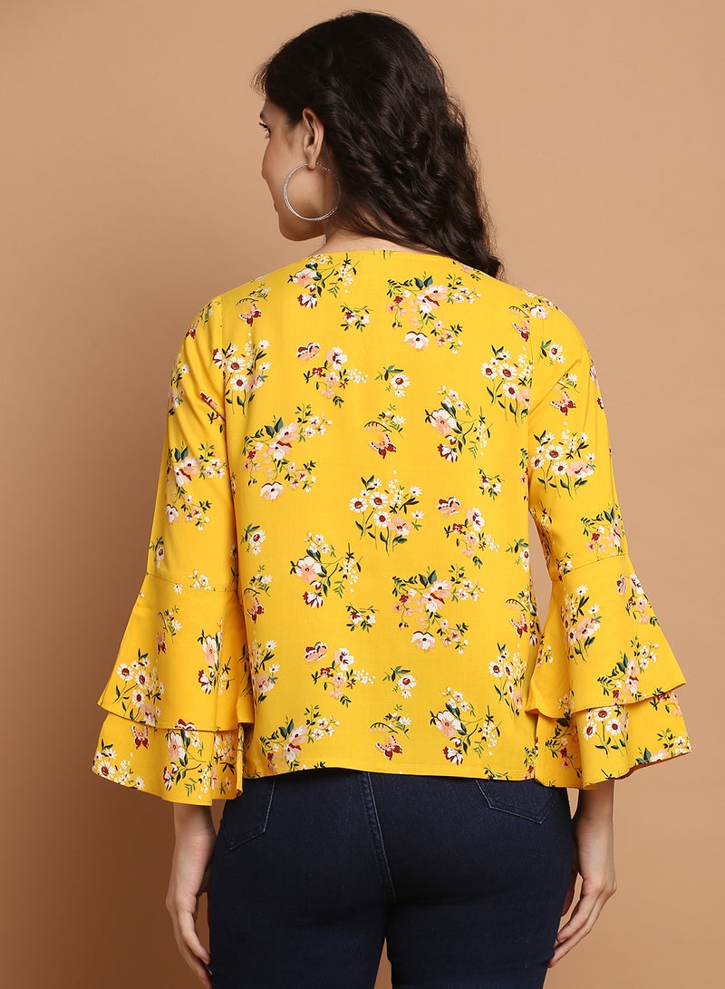 Aila - Floral Printed V-Neck Top Yellow/White/Green - Image 1