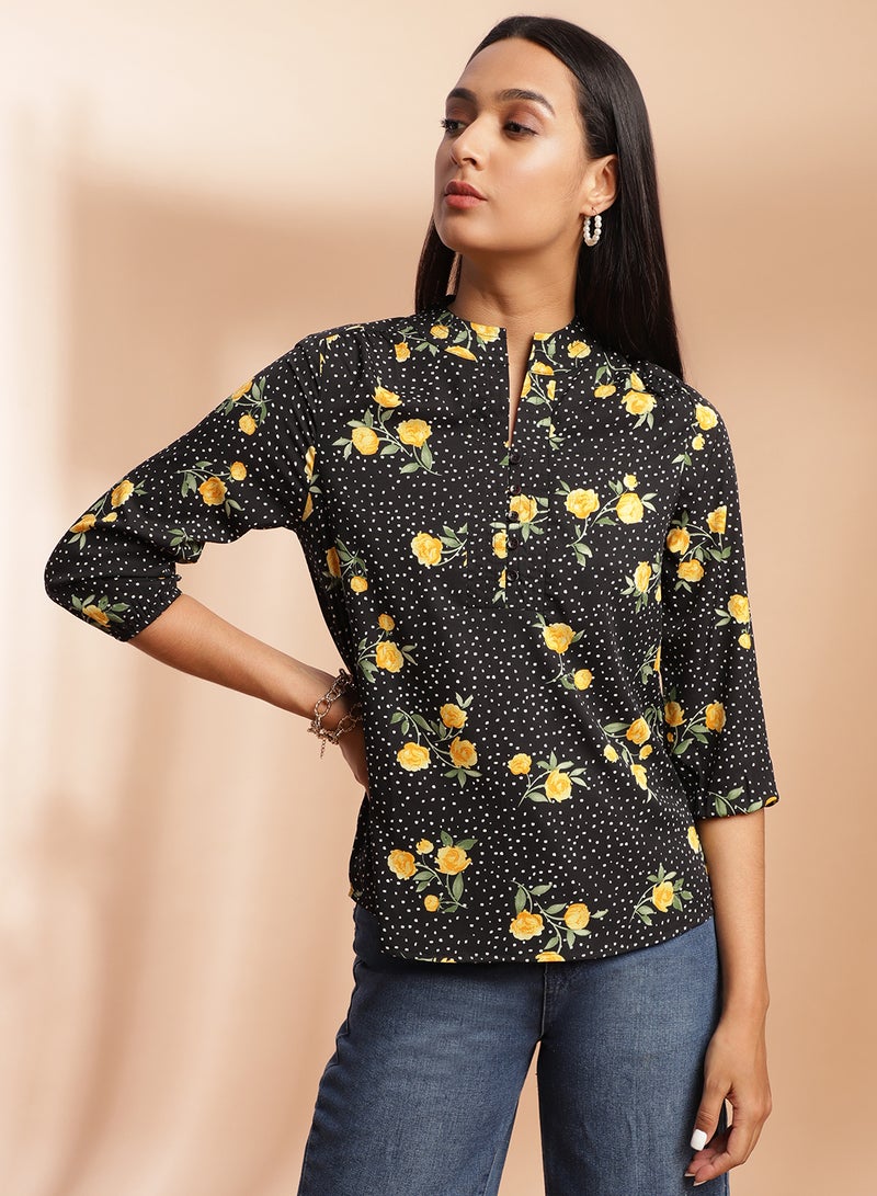 Aila All-Over Printed Three-Quarter Sleeve Top black/ yellow multicolor - Image 1