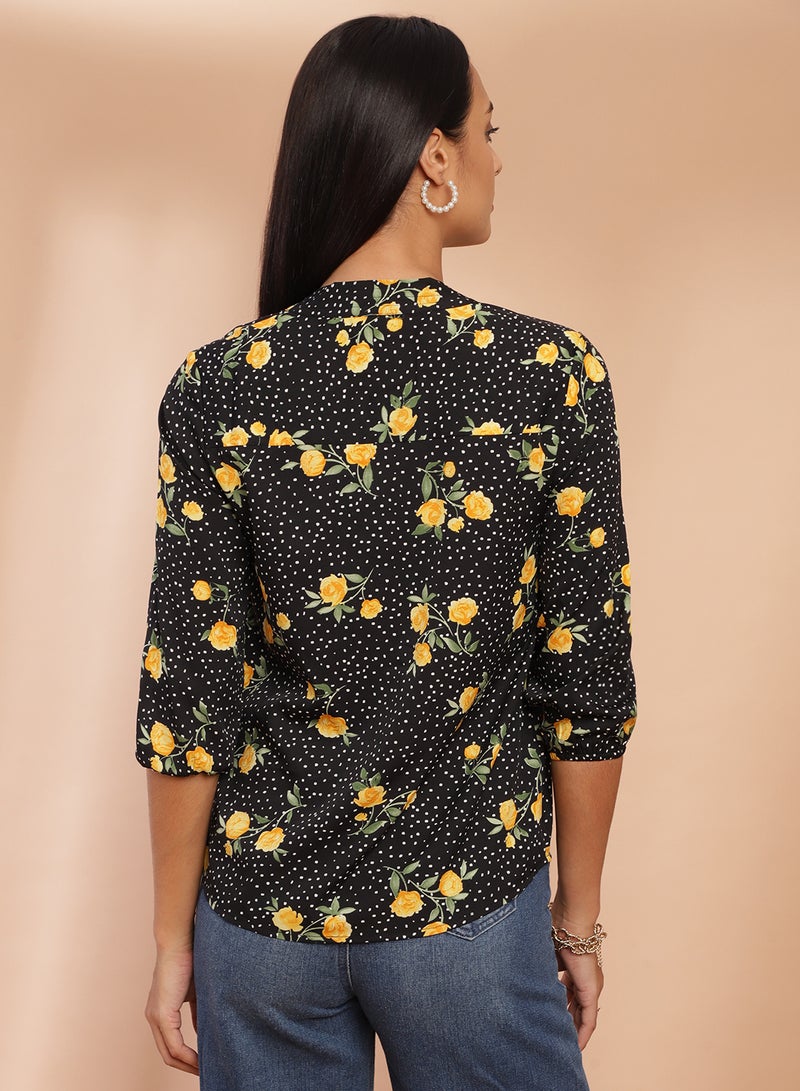 Aila All-Over Printed Three-Quarter Sleeve Top black/ yellow multicolor - Image 2
