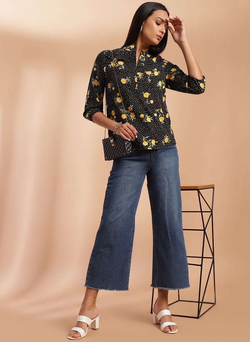 Aila All-Over Printed Three-Quarter Sleeve Top black/ yellow multicolor - Image 3