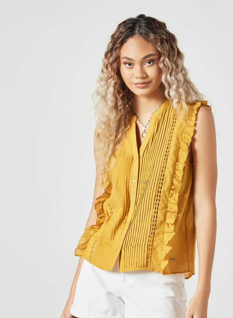 Pepe Jeans LONDON Ruffle Button Down Shirt Yellow