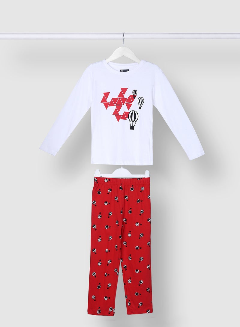 RAHA Girls Comfortable Long Sleeve T-Shirt And Pyjama Set White / Red - Image 1