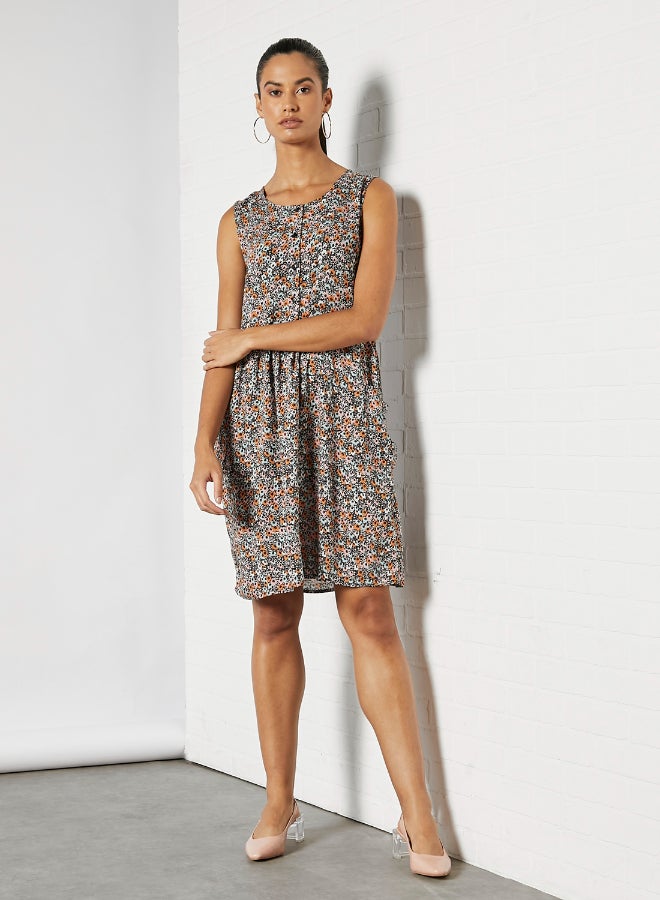 OFFROAD Floral Print Short Sleeve Dress Aop Black Multicolour  - Image 1