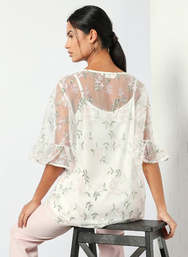DRIP - Round Neck Embroidered Detail Top White - Image 1