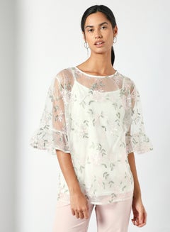 Round Neck Embroidered Detail Top White