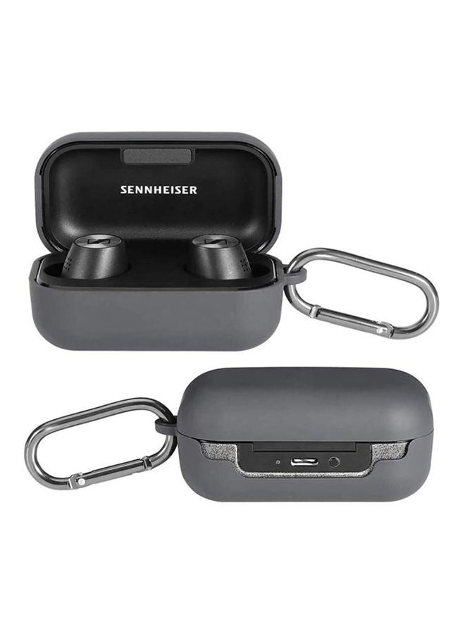 Protective Hard Case Cover Anti-Lost Strap Hard Carrying Travel Case With Carabiner For Sennheiser Momentum True Wireless 2 Bluetooth Earbuds Grey - Image 2