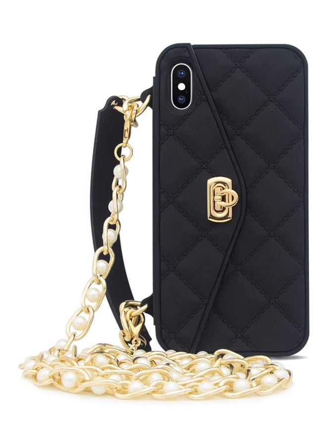 Handbag Case With Card Holder Wrist Lanyard Strap Soft Silicone Cover Wallet Case For Women Long Pearl Crossbody Chain Case For Iphone Xs Max Black  - Image 1