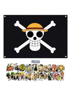 Polyester Luffy One Piece Jolly Roger Pirate Flag - One Piece Flag with Straw Hat for Anime Room Decor with 50 pcs Waterproof Anime Collectibles One Piece Stickers - Luffy Pirate Flag One Piece Stickers