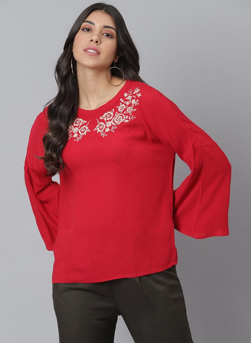 Aila Casual Round Neck Top Red  - Image 1
