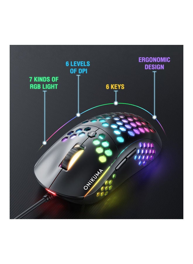أونيكوما - ماوس الألعاب Onikuma CW903 RGB خفيف الوزن بقشرة قرص العسل - 6400 نقطة في البوصة - 6 أزرار قابلة للبرمجة - Image 1