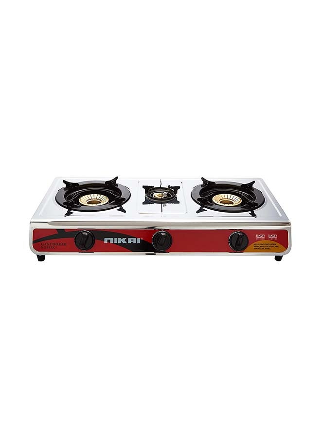 NIKAI Triple Gas Burner Cooktop with Auto Ignition, Flame Failure Device, Round Enamel Pan Support, Stainless-Steel Body – Full Safety Features – NG845K1 Silver - Image 1