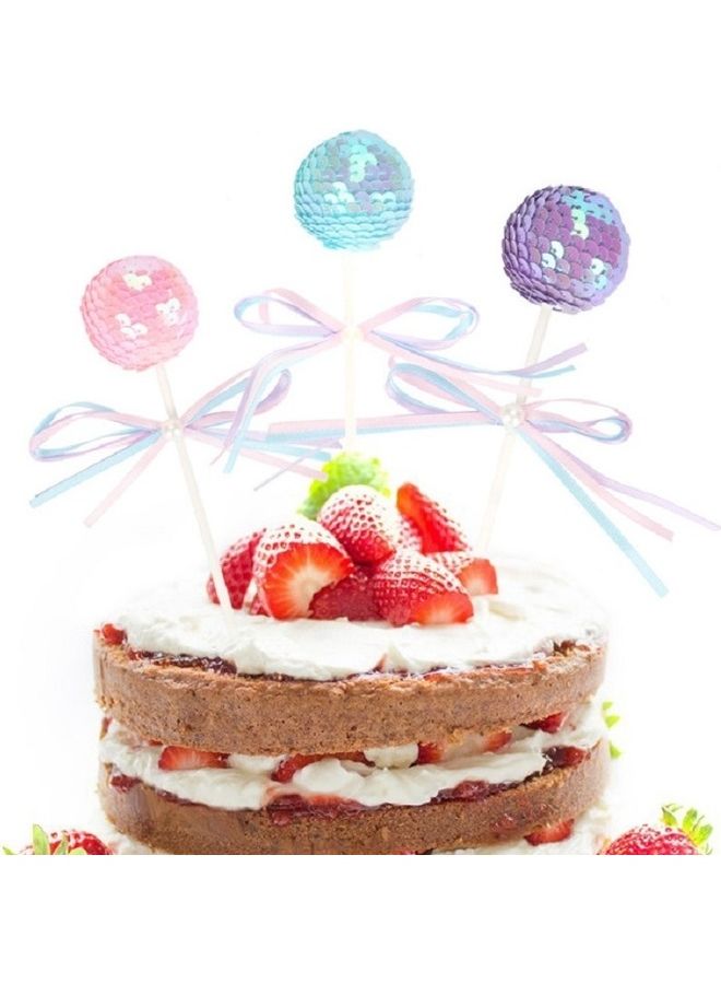 Generic - 3-Piece Ribbon Bow Sequin Ball Cake Party Dessert Inserted Card - Image 1