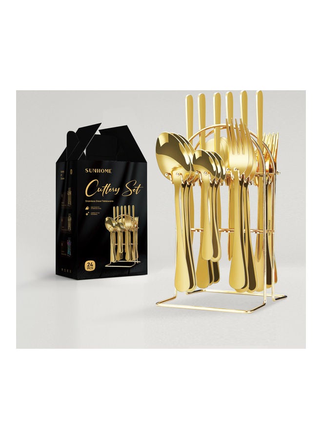 صن هوم طقم مكون من 24 قطعة أدوات مائدة من الستانلس ستيل مع حامل ذهبي - Image 1