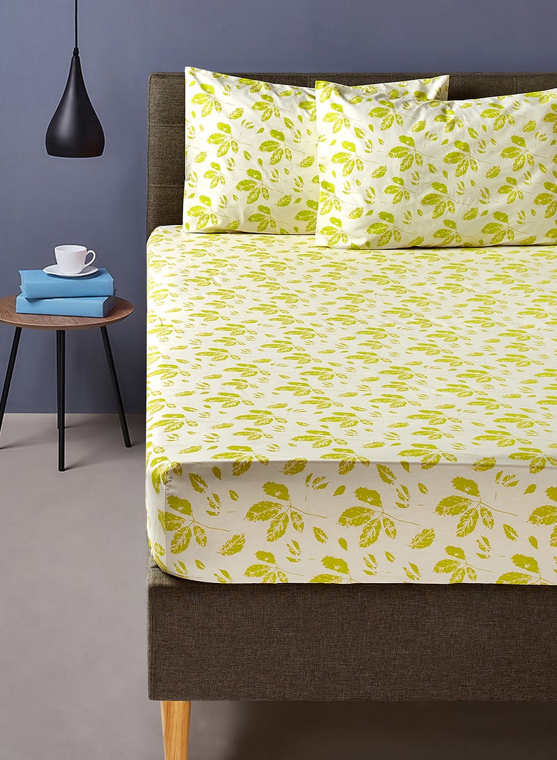 Noon East 100% Cotton Printed 200 Thread Count Fitted Sheet Set -Pillow Case Set  Fitted Sheet And Two Pillow Case 150X200 + 25 cm + 2 Pillow Case 50X75 cm Impression Sage - Neon Queen - Image 1