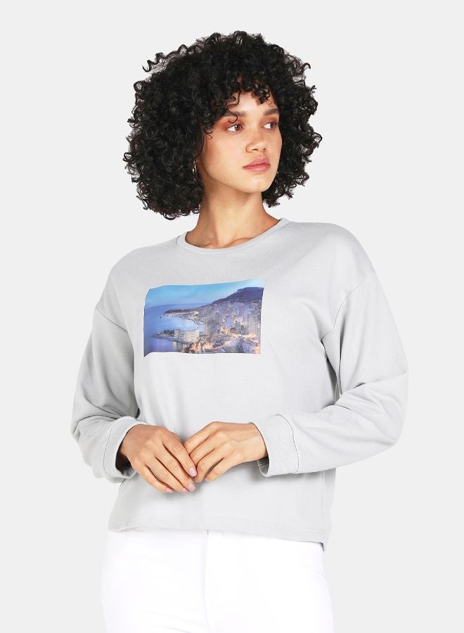 DRIP Graphic Print Round Neck Crop Sweatshirt Grey  - Image 1