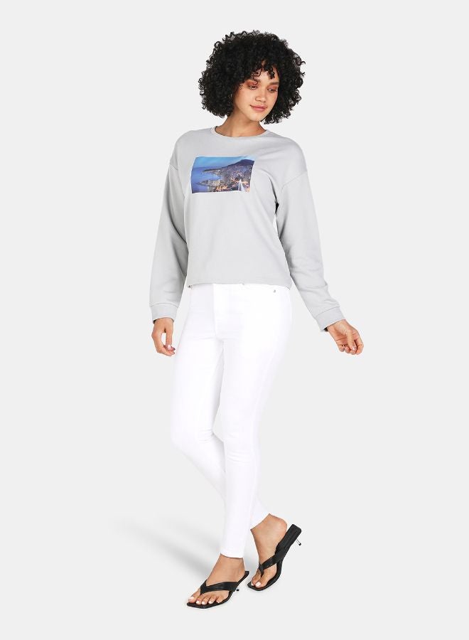 DRIP Graphic Print Round Neck Crop Sweatshirt Grey  - Image 3