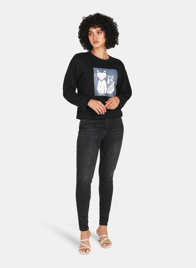 DRIP Graphic Print Round Neck Crop Sweatshirt Black  - Image 3