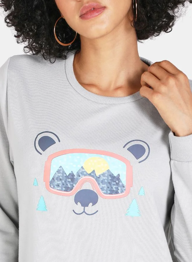 DRIP Animal Printed Casual Crew Neck Sweatshirt Grey