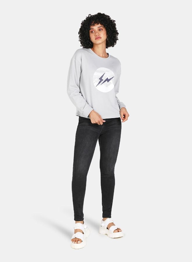 DRIP Graphic Print Round Neck Crop Sweatshirt Grey  - Image 3