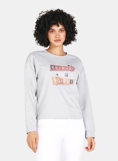 Beyond The Forest Print Crop Sweatshirt Grey