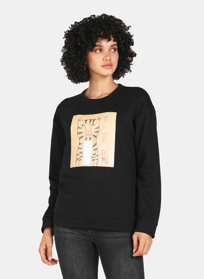 DRIP - Tiger Printed Casual Crew Neck Sweatshirt Black - Image 1