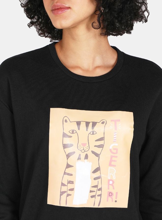 DRIP - Tiger Printed Casual Crew Neck Sweatshirt Black - Image 1