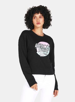 Graphic Print Round Neck Crop Sweatshirt Black