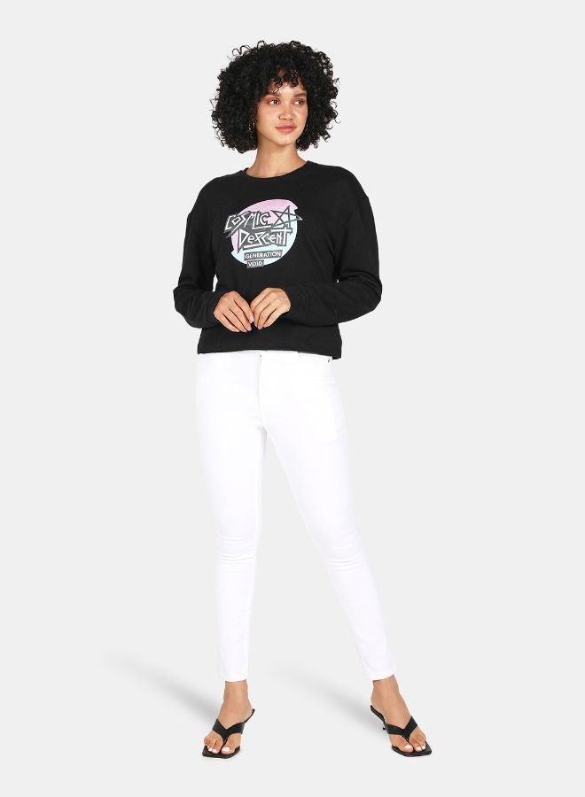 DRIP - Graphic Print Round Neck Crop Sweatshirt Black - Image 1