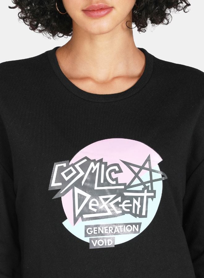 DRIP - Graphic Print Round Neck Crop Sweatshirt Black - Image 1