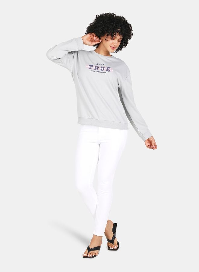 DRIP Stay True Follow Your Dream Slogan Printed Casual Crew Neck Sweatshirt Grey  - Image 3