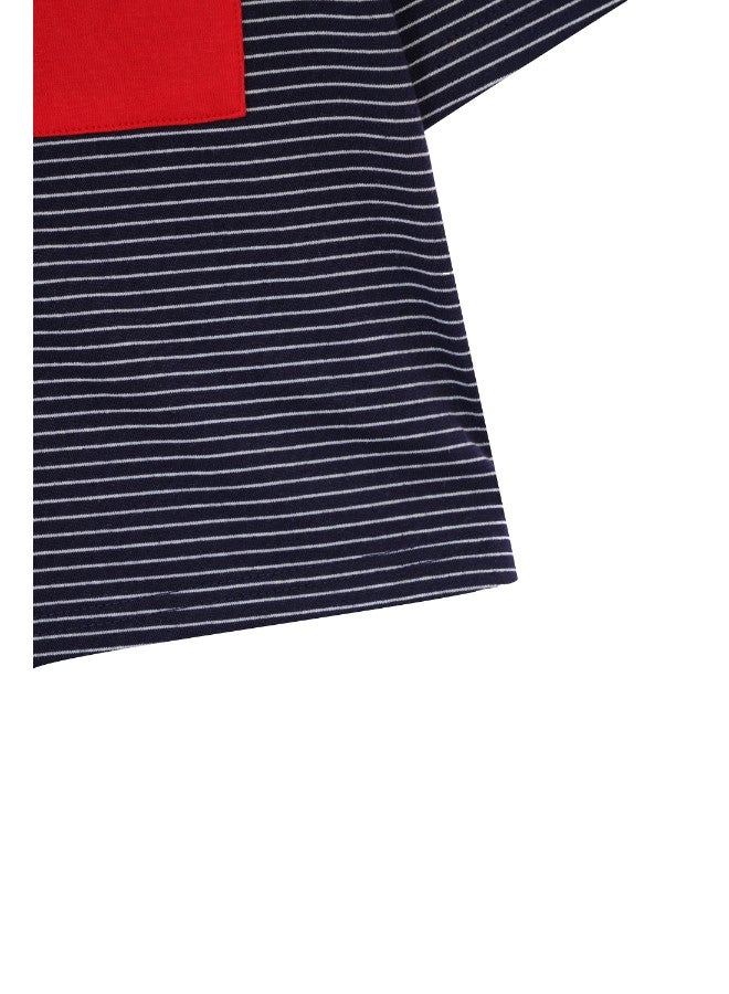 Aila - Women's Casual Short Sleeve Polyester Blend T-Shirt With Round Neck Stripes Design Navy/White/Red - Image 1