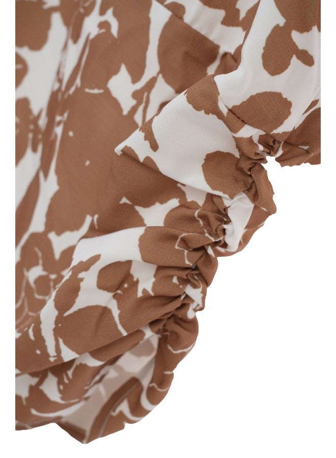 Aila Rayon Three-Quarter Sleeve Cold Shoulder Mini Dress With V-Neck Printed Pattern Brown/White  - Image 5