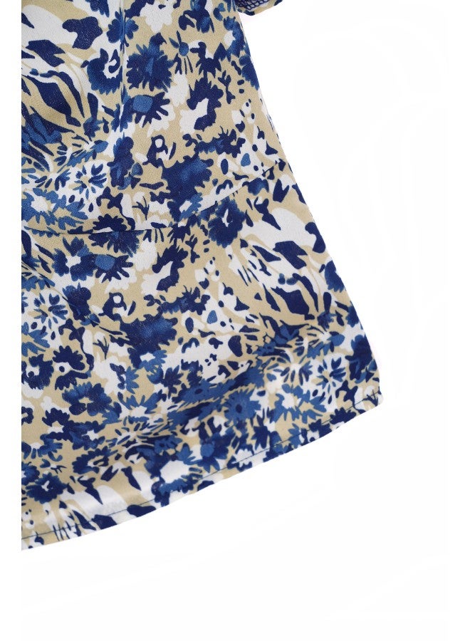 Aila - Women's Short Sleeves V-Neck Crop Top Blue/White/Beige - Image 1