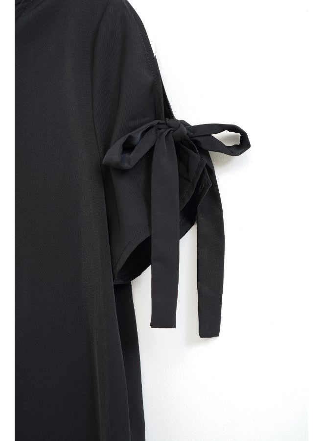 Aila Casual Polyester Blend Short Sleeve Mini Dress With Round Neck With Sleeve Tie Knot Black  - Image 5