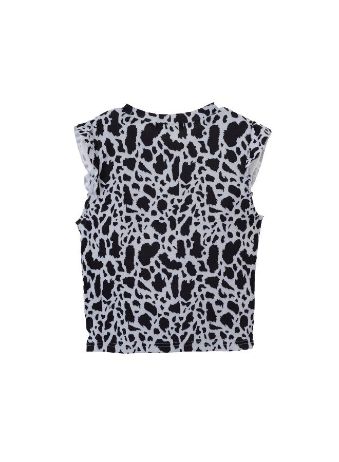 Aila - Women's Casual Ruffles Around Armhole Sleeveless Round Neck Knit Tank Black/White - Image 1