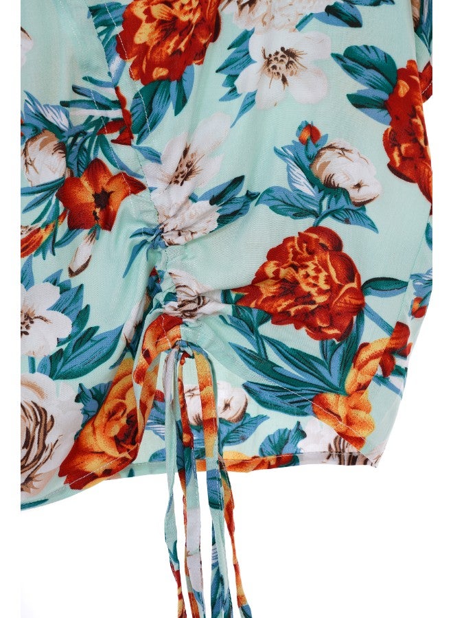 Aila Women's floral printed bell sleeve Tops with sherring Blue Print  - Image 5