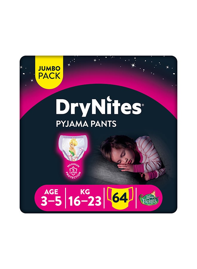 Huggies - Dry Nites Pyjama Pants, 16 - 23 Kg, 3 - 5 Years, 64 Count (16 x 4) - Girls, Jumbo Pack, Maximum 5 Layer Protection, Disney Fairies - Image 1