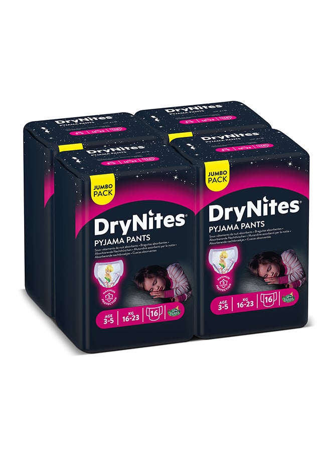 Huggies - Dry Nites Pyjama Pants, 16 - 23 Kg, 3 - 5 Years, 64 Count (16 x 4) - Girls, Jumbo Pack, Maximum 5 Layer Protection, Disney Fairies - Image 1