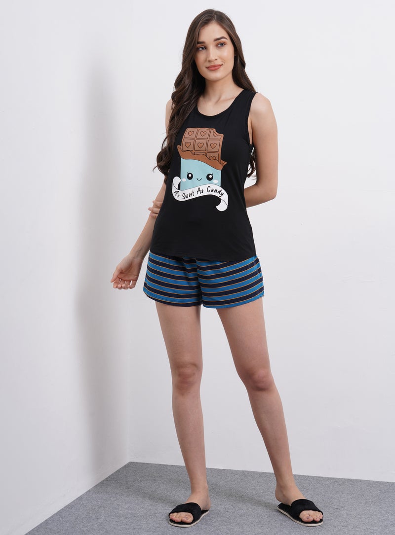 Aila Casual Tank Top With Shorts Set Navy/Black/Brown  - Image 1