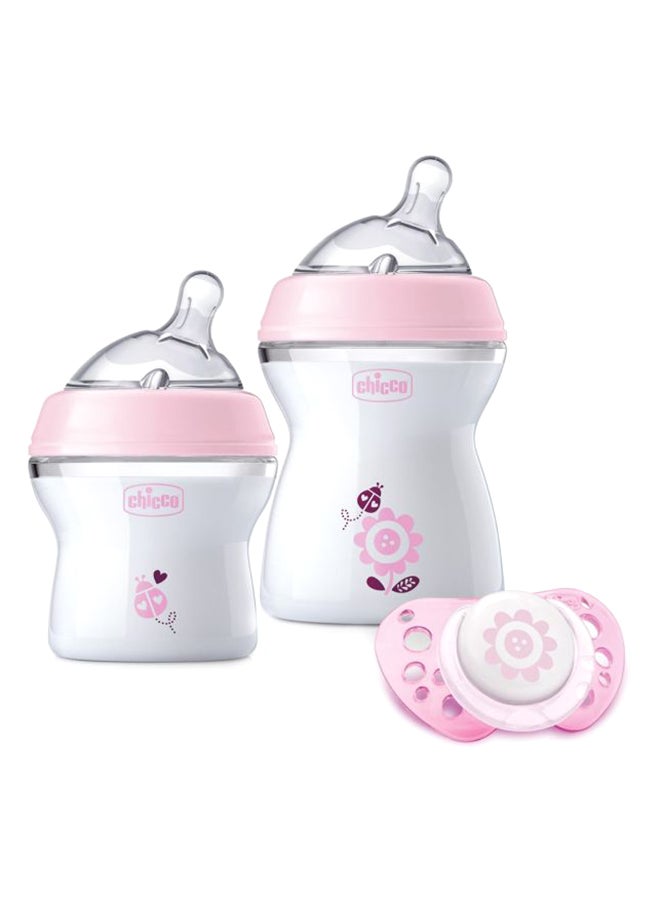 شيكو طقم هدايا ناتشورال فيلينج + لون وردي، زجاجتا رضاعة ولهاية واحدة - Image 1