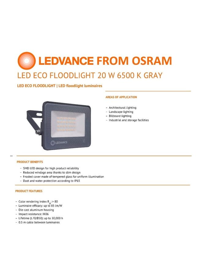 LEDVANCE Flood Light LED Eco 20W 6500K Outdoor Work Light Dust And Water Protection For Industrial And Storage Facilities Grey - Image 4