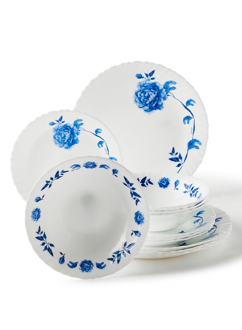 12 Piece Opalware Dinner Set For Everyday Use - Light Weight Dishes, Plates - Dinner Plate, Side Plate, Bowl - Serves 4 - Printed Design Eloni White
