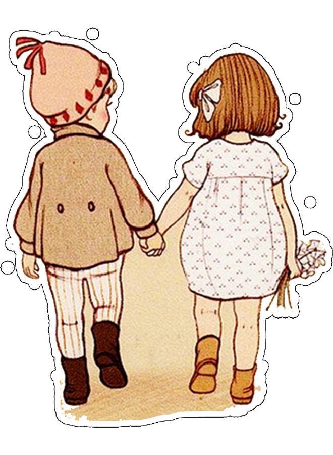 بي بي ملصق جداري للتزيين بطبعة طفلين يمسكان بأيدي بعضهما متعدد الألوان