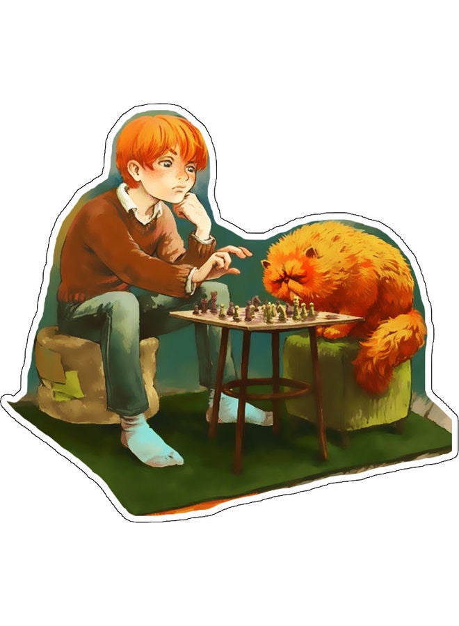 ملصق جداري للزينة بطبعة فتى يلعب لعبة مع حيوانه الأليف متعدد الألوان