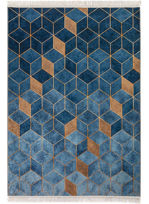 Rectangular Soft Touch Carpet Blue/Gold 120x80cm